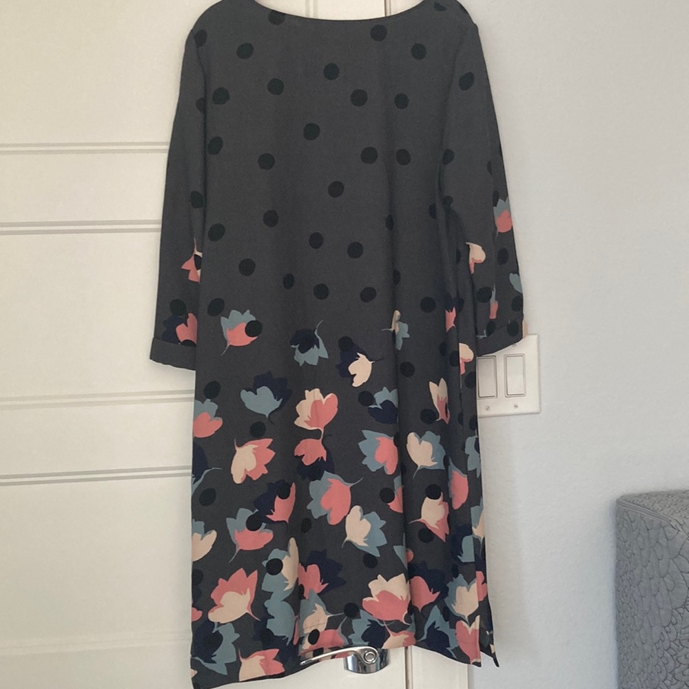 Boden dress charcoal with black polka dots and abstract leaf pattern